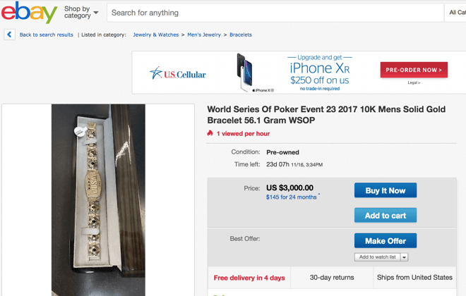 2017 WSOP马拉松赛事金手链惊现eBay,起拍价$3,000